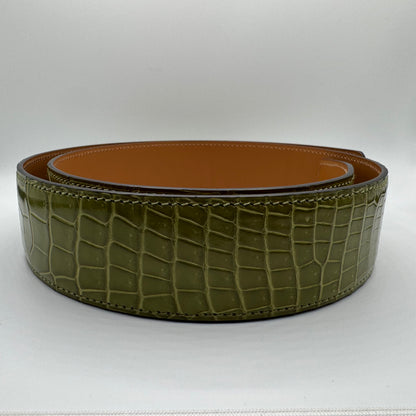 Hermès Shiny Porosus Krokodilleder Gürtelriemen – Grün – 85 cm / 40 mm