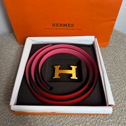 Hermès H Gürtelschließe Goldfarben mit wendbarem Lederriemen Rouge Radieux / Rosa