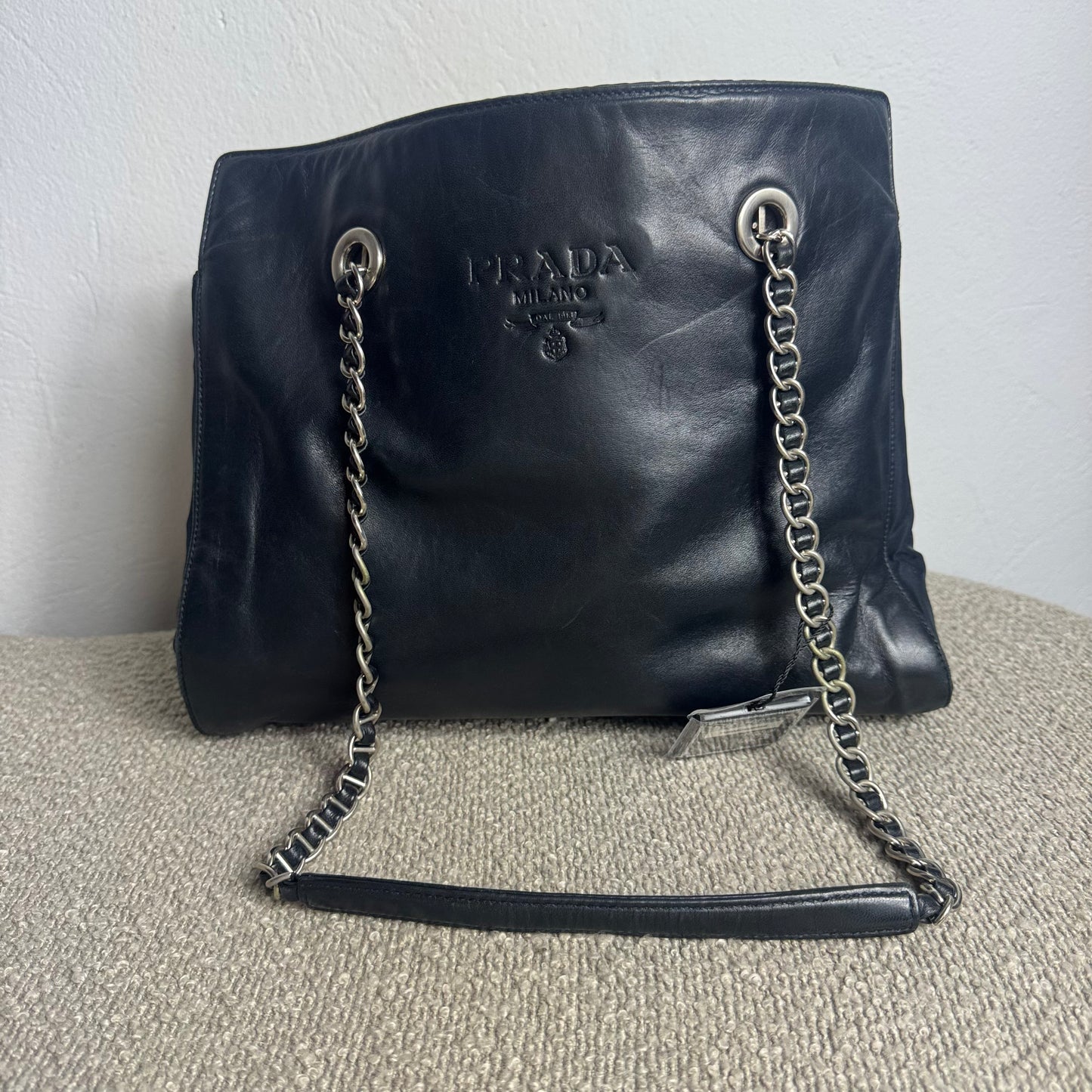 Prada Logo Embossed Leather & Nylon Chain Tote Bag Black