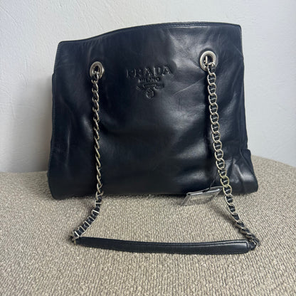 Prada Logo Embossed Leather & Nylon Chain Tote Bag Black