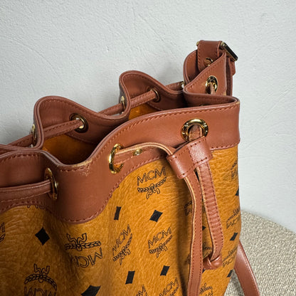 MCM Heritage Visetos Drawstring Bucket Bag Cognac