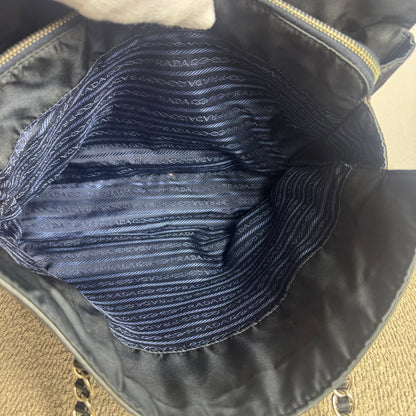 Prada Logo Embossed Leather & Nylon Chain Tote Bag Black