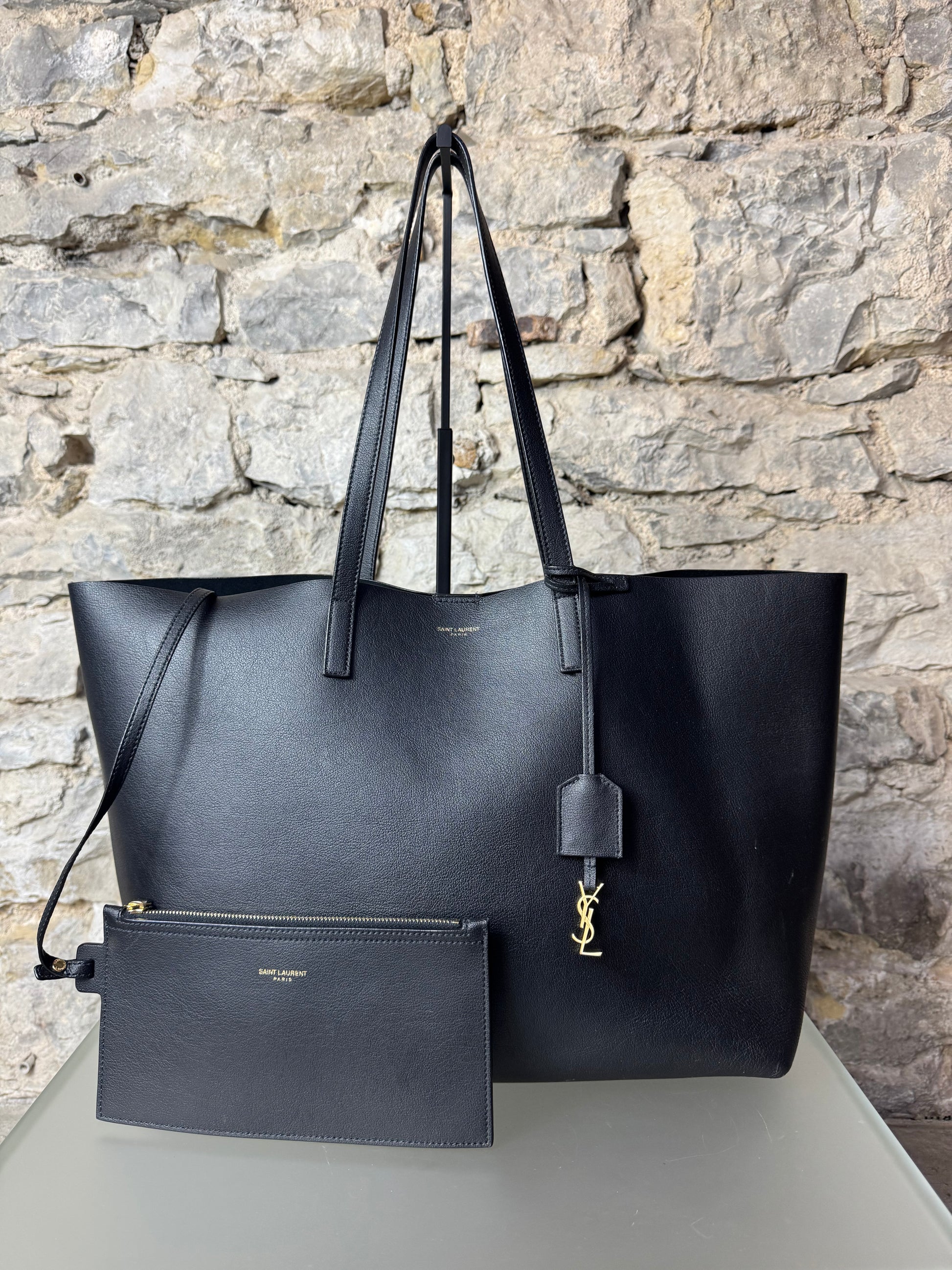 Saint Laurent Shopper Tasche Schwarz Leder mit Clutch – BagAffair