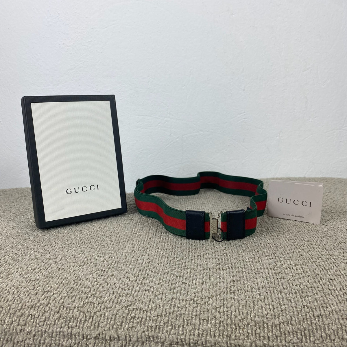 Gucci Elastik Gürtel – Web Stripe Grün/Rot – 80 cm